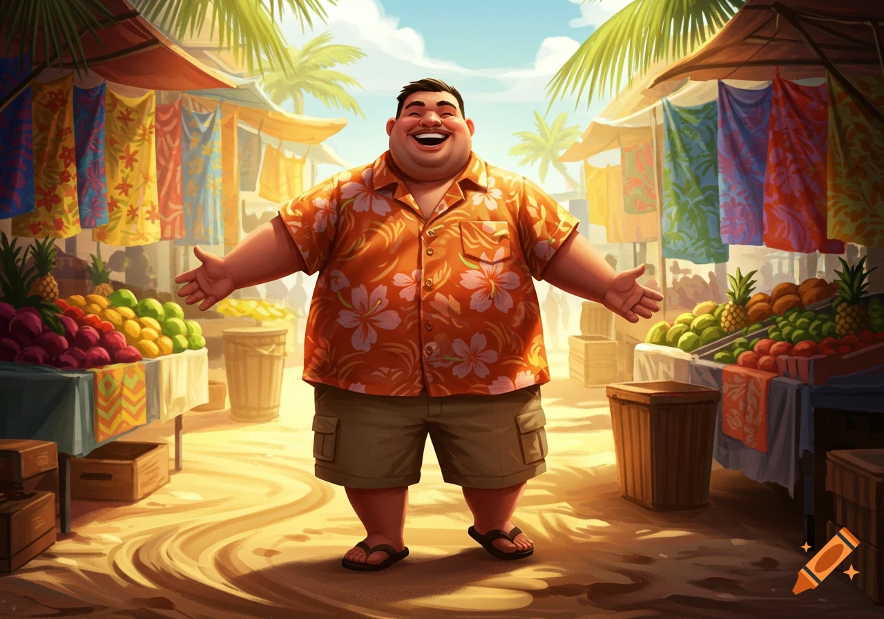 A smiling, overweight man in a Hawaiian shirt stands with arms open at a bustling tropical market stall filled with fruits.