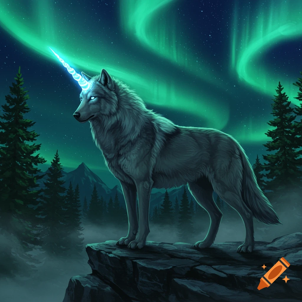 A majestic gray wolf with a glowing unicorn horn stands on a rocky cliff under a vibrant green aurora borealis in a fantasy forest.
