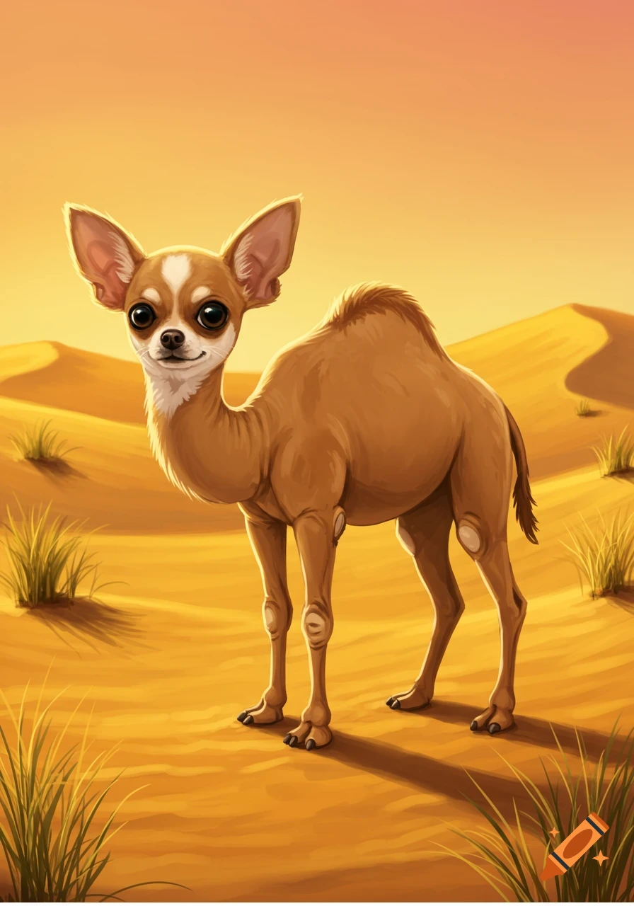 An illustrated chihuahua-camel hybrid stands in a desert with sand dunes and sparse grass.