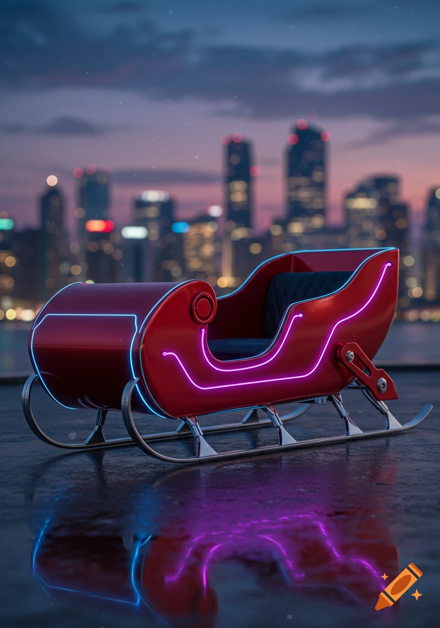A futuristic red sleigh with blue and magenta neon lights sits on a wet rooftop, overlooking a blurry city skyline at dusk.