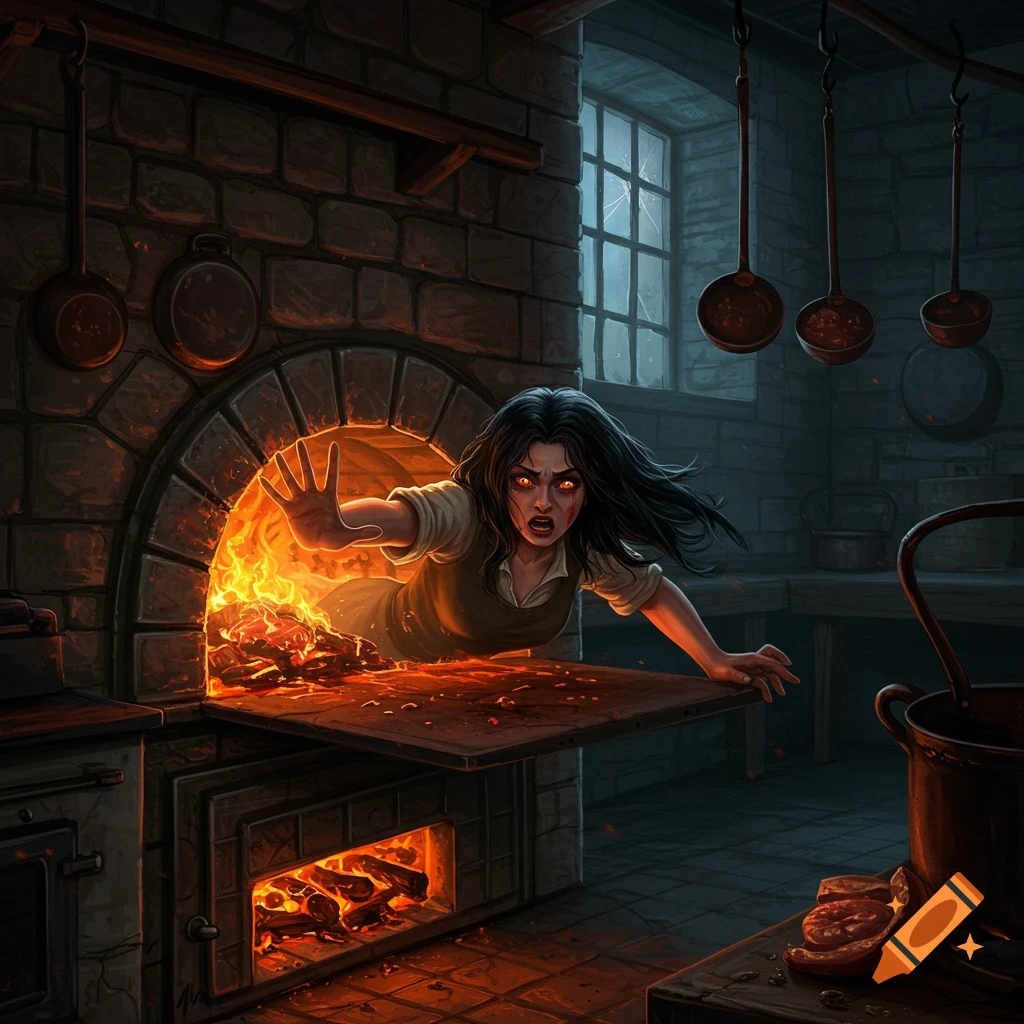 A distressed witch with glowing red eyes struggles to escape a fiery brick oven in a dark, ancient kitchen, rendered in a fantasy art style.