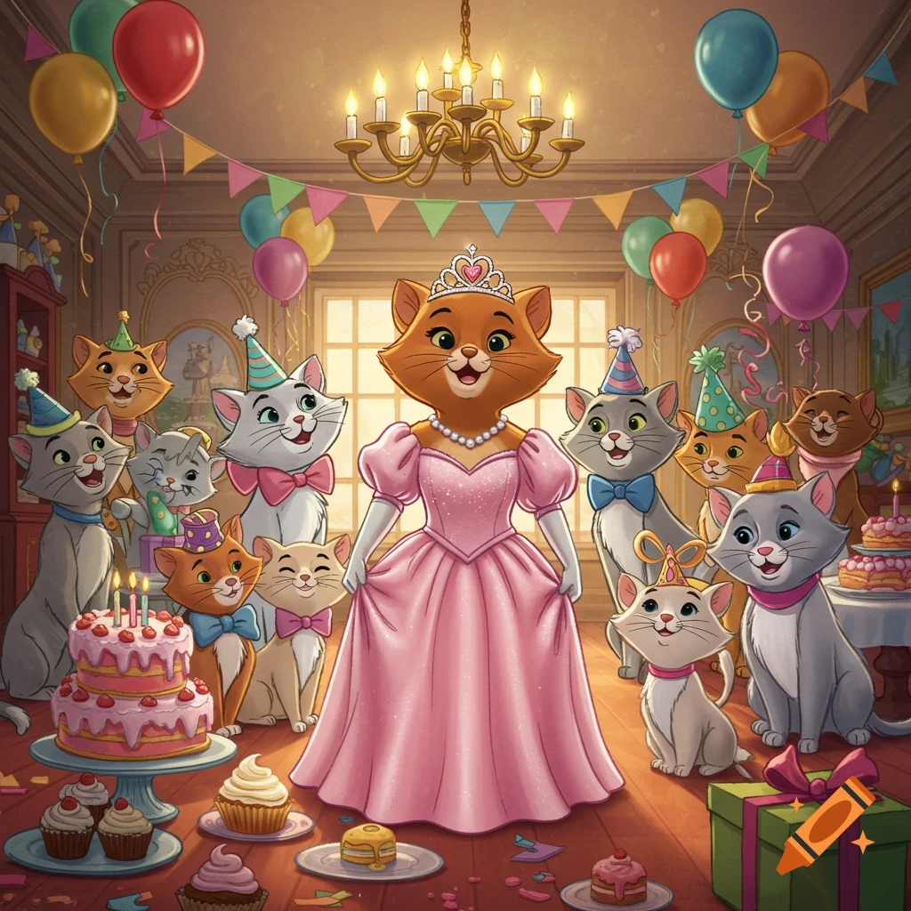 A cat princess in a pink dress and tiara celebrates her birthday with many other cats in a festive, decorated room, in the Aristocats cartoon style.