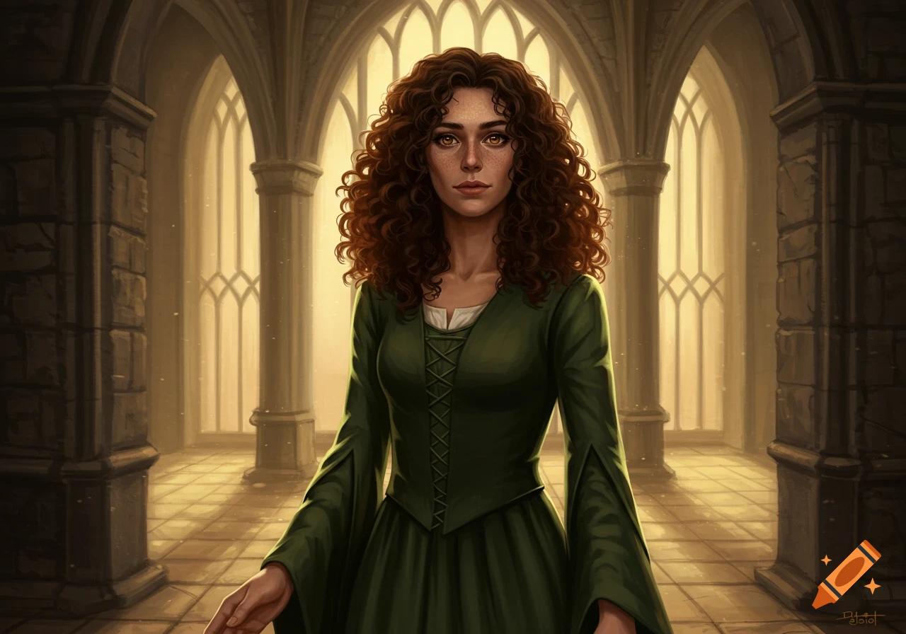 A woman with curly brown hair and freckles in a dark green dress stands in a sunlit medieval hall.