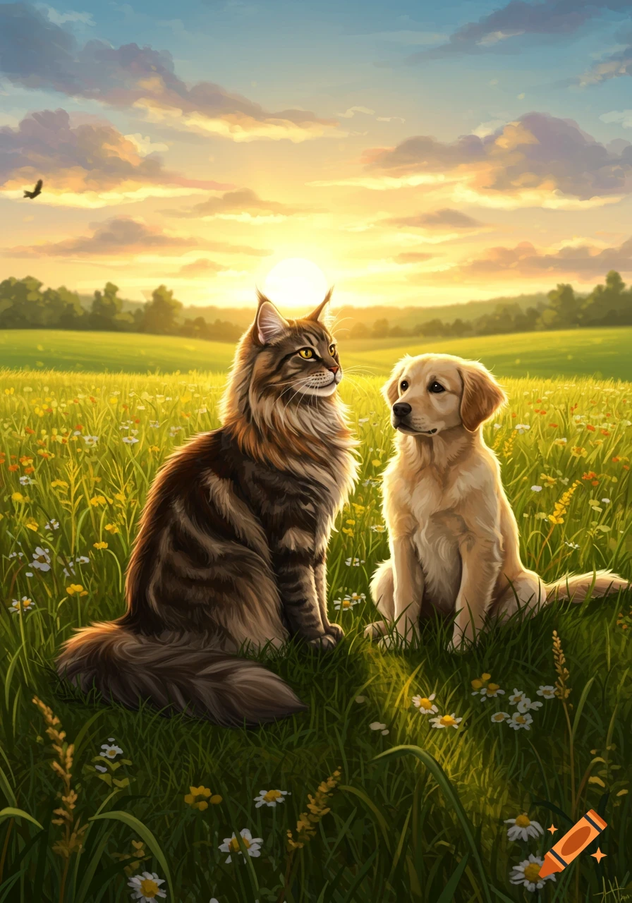 A Maine Coon cat and a golden retriever puppy sit in a vibrant flower field at sunset, digital painting.