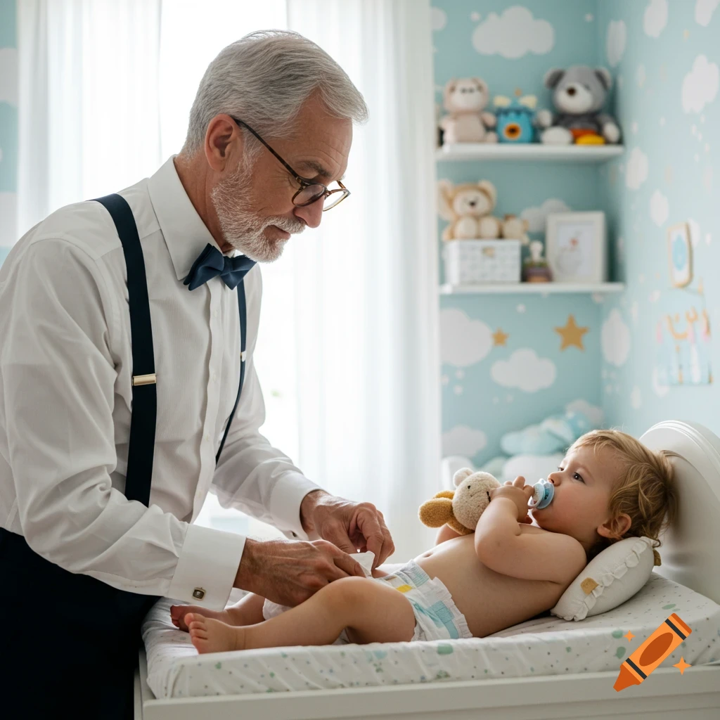 A senior man in a white shirt and suspenders changes a baby's diaper on a changing table in a cloud-themed nursery.