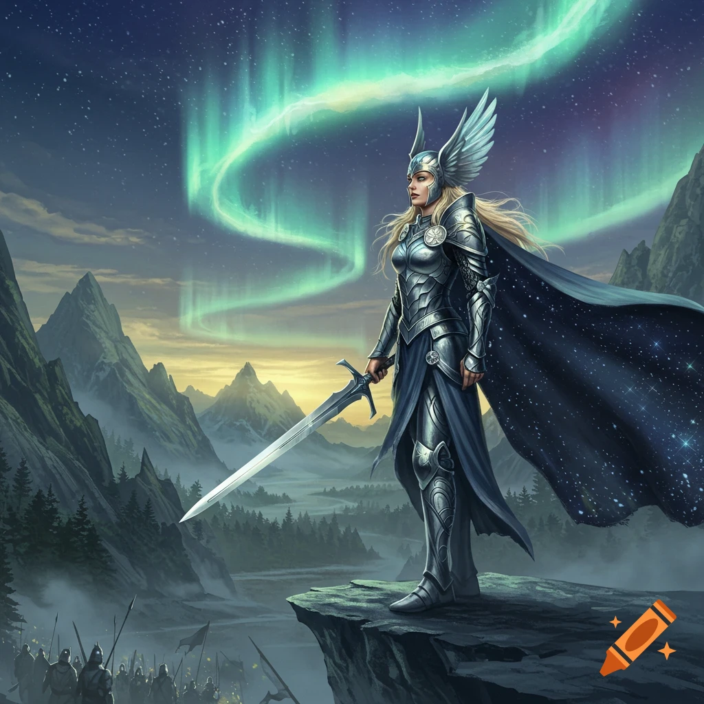 A majestic Valkyrie queen in ornate armor and a starry cape stands on a cliff overlooking a mountain valley with an aurora borealis overhead and an army below.