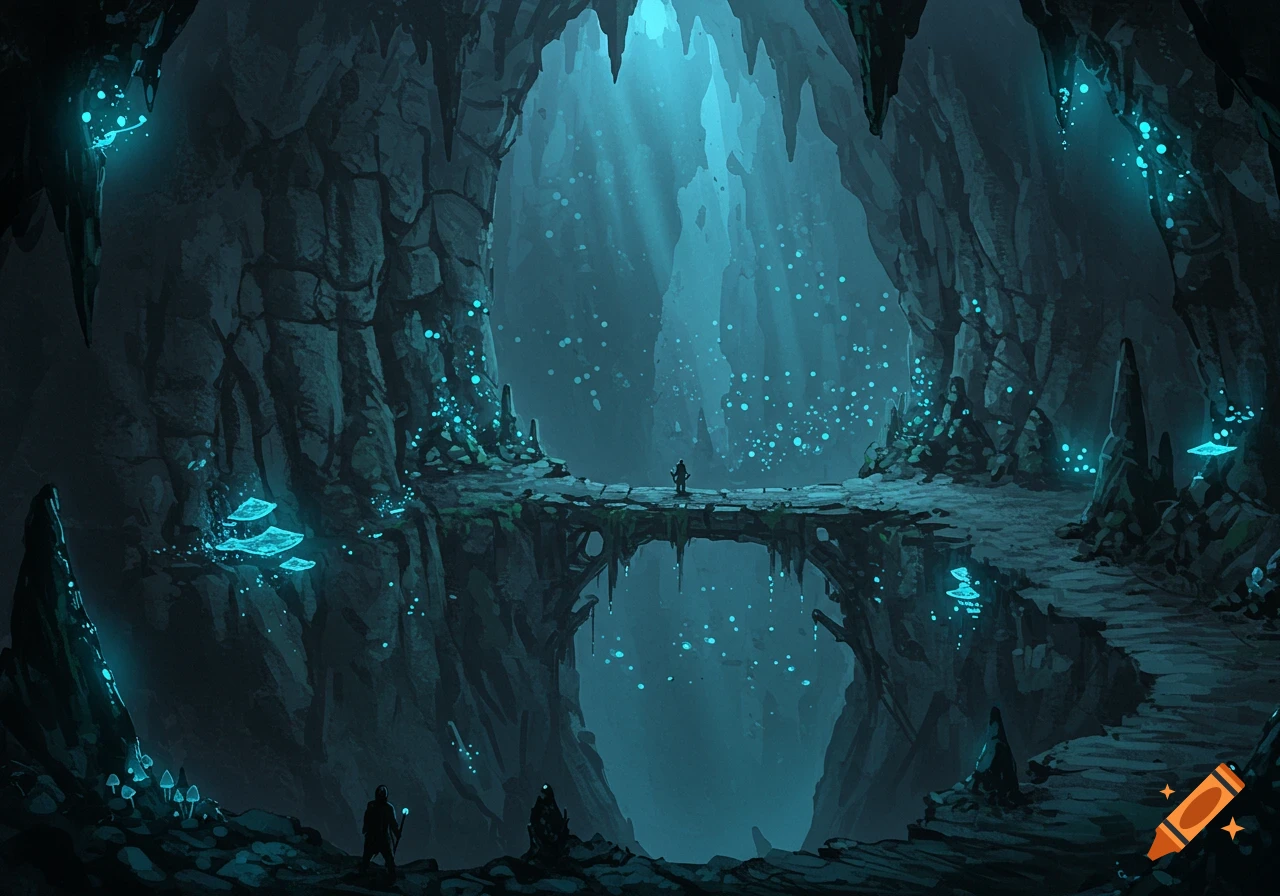 Digital painting of a dark, glowing blue cave with a stone bridge connecting two cliffs and small figures exploring.