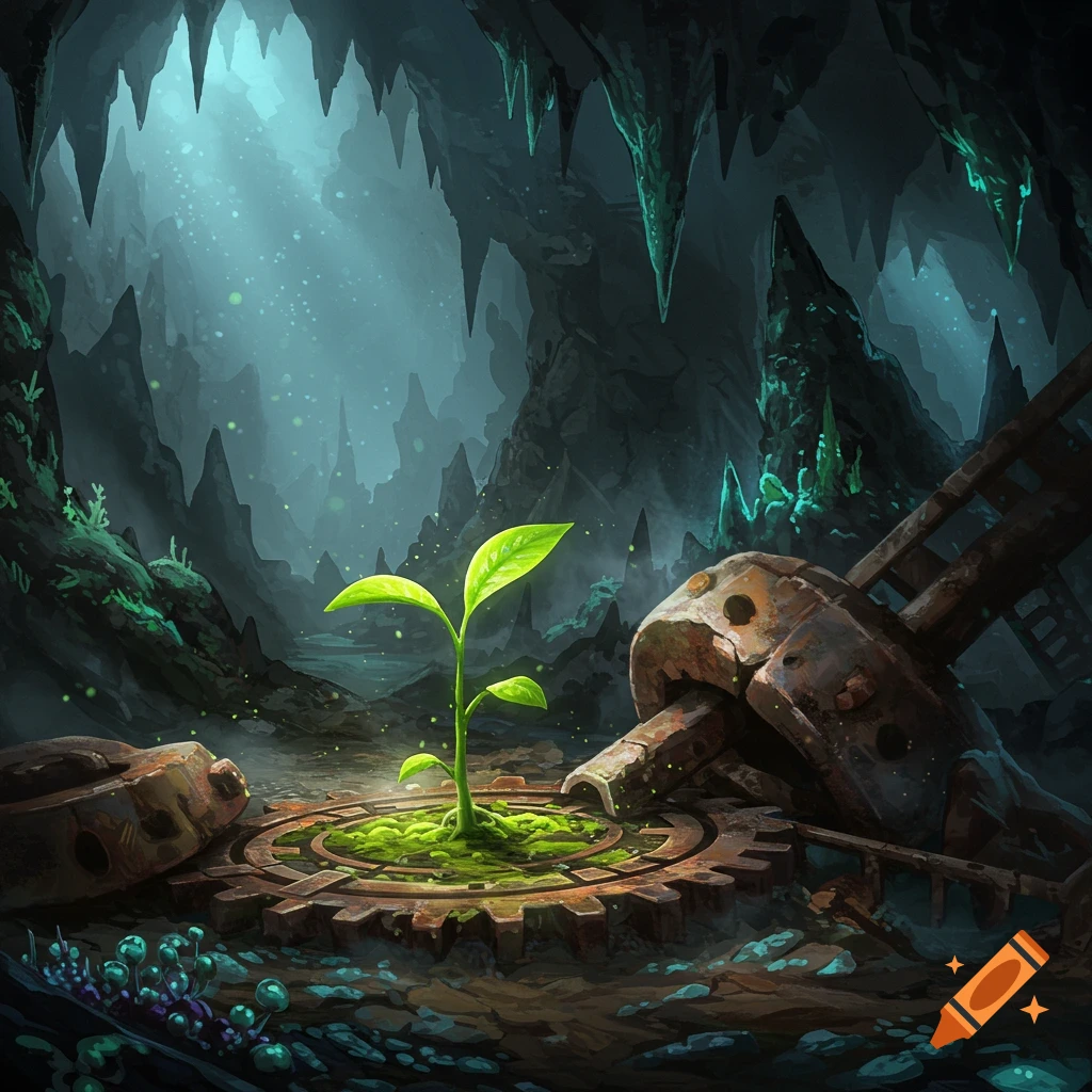 A vibrant green plant sprouts from a rusted gear amidst other machinery parts in a dark, atmospheric cave with stalactites, depicted in a fantasy art style.