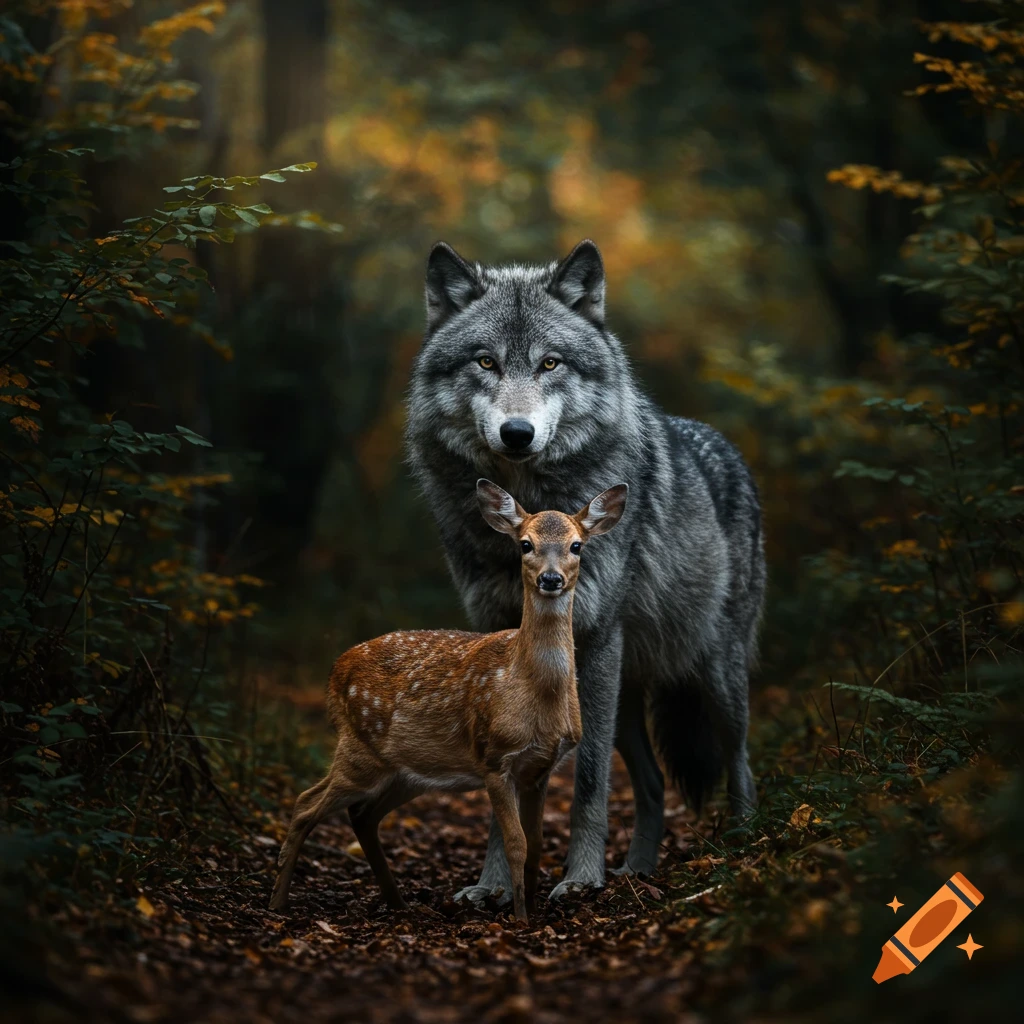 A photorealistic grey wolf stands behind a spotted fawn in a dark, autumn forest.