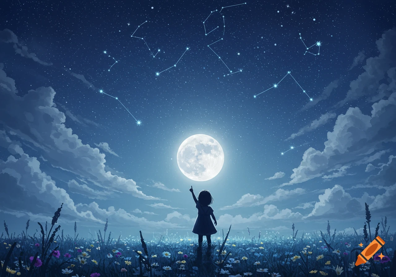 A child's silhouette points at a large full moon in a field of flowers under a starry night sky with constellations.