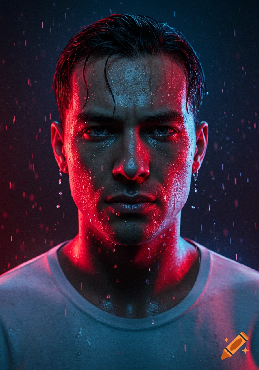 Close-up photorealistic portrait of a serious man with wet skin, dramatically lit by red and blue lights.