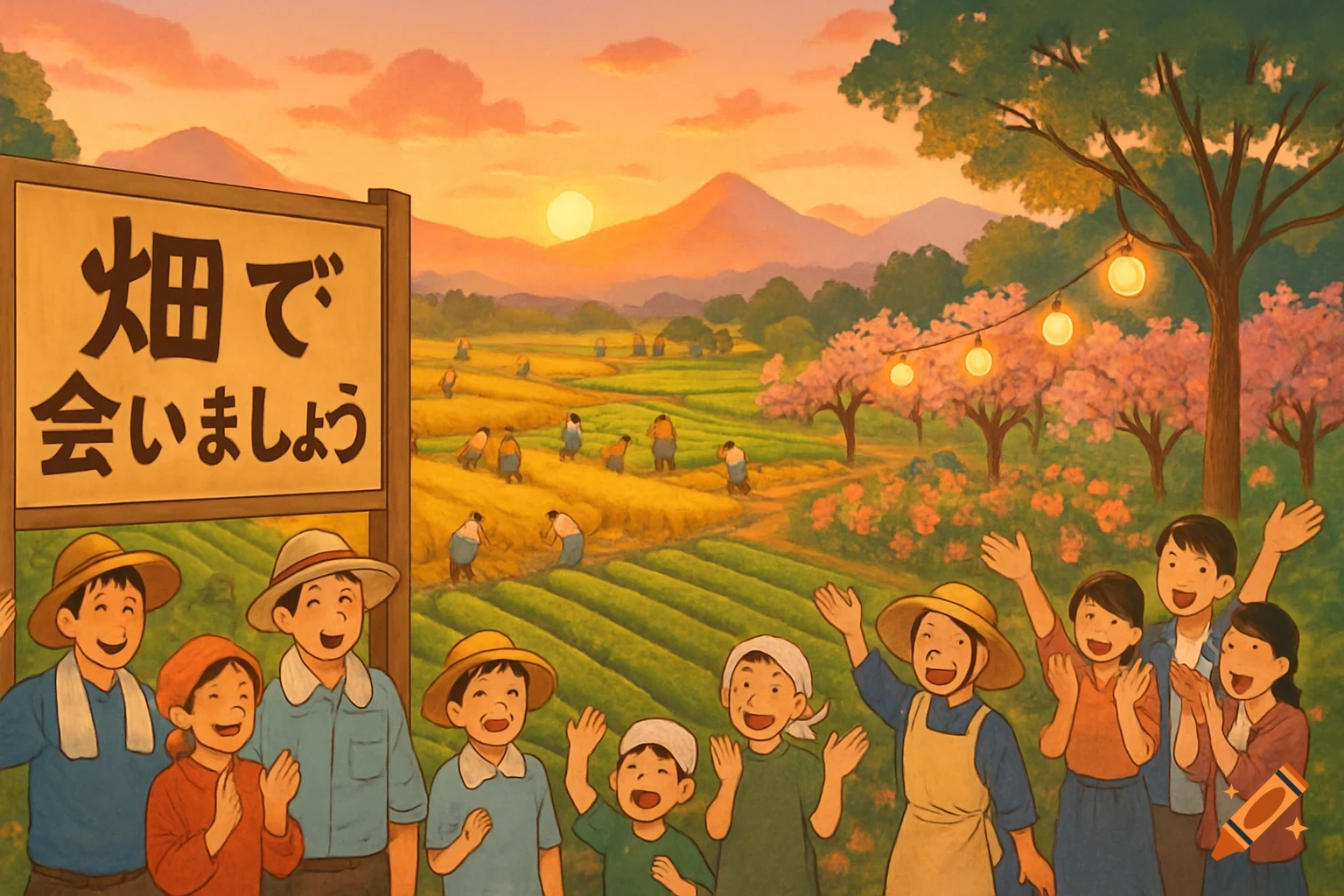 A cheerful illustration of people gathered in a vibrant field during sunset, with mountains and cherry blossoms in the background. A sign reads "Let's meet in the field".