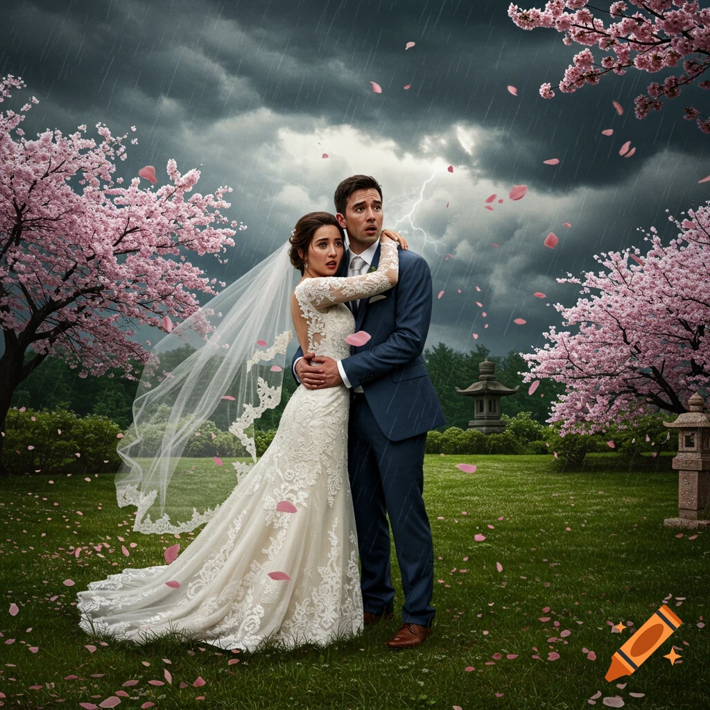 Scared bride and groom embrace in a rainy garden with cherry blossoms and lightning in a dark storm.