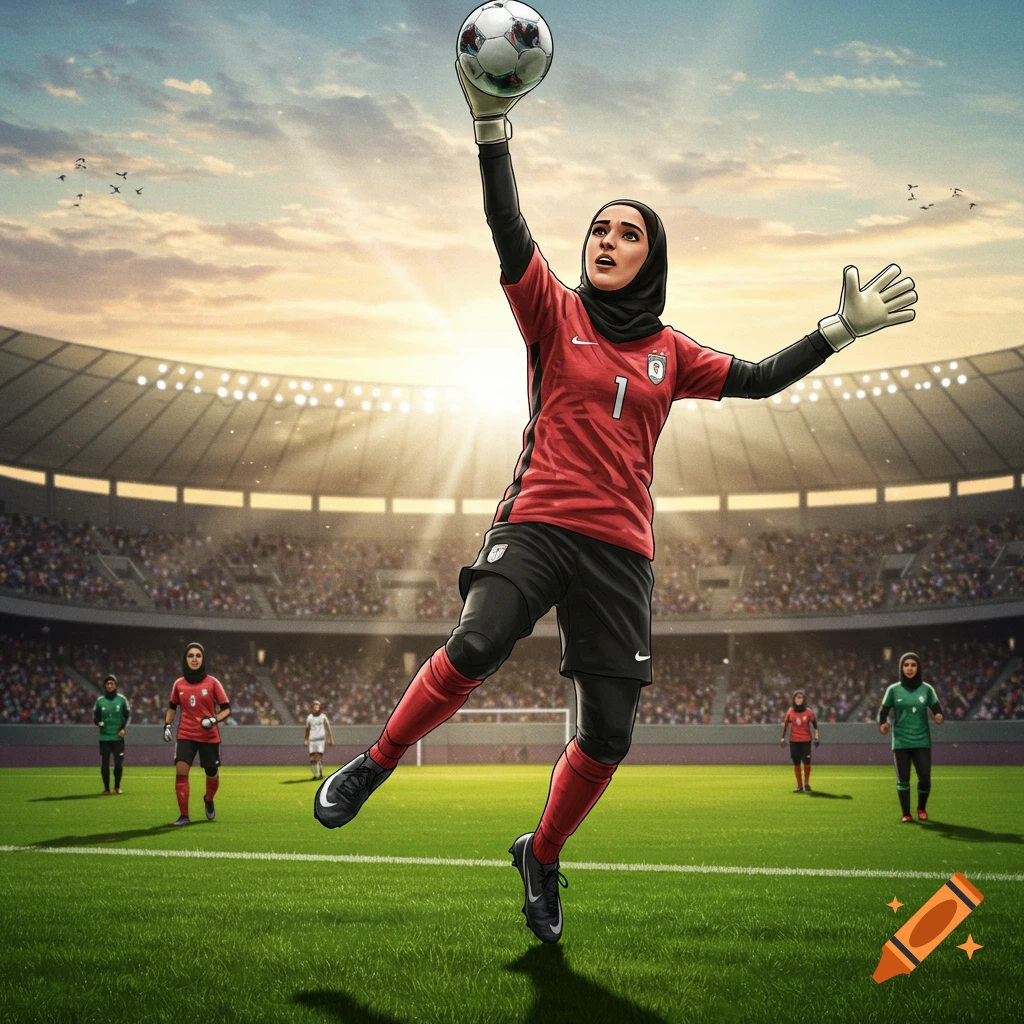 An illustrated female soccer goalkeeper in a hijab leaps to catch a ball in a stadium at sunset.