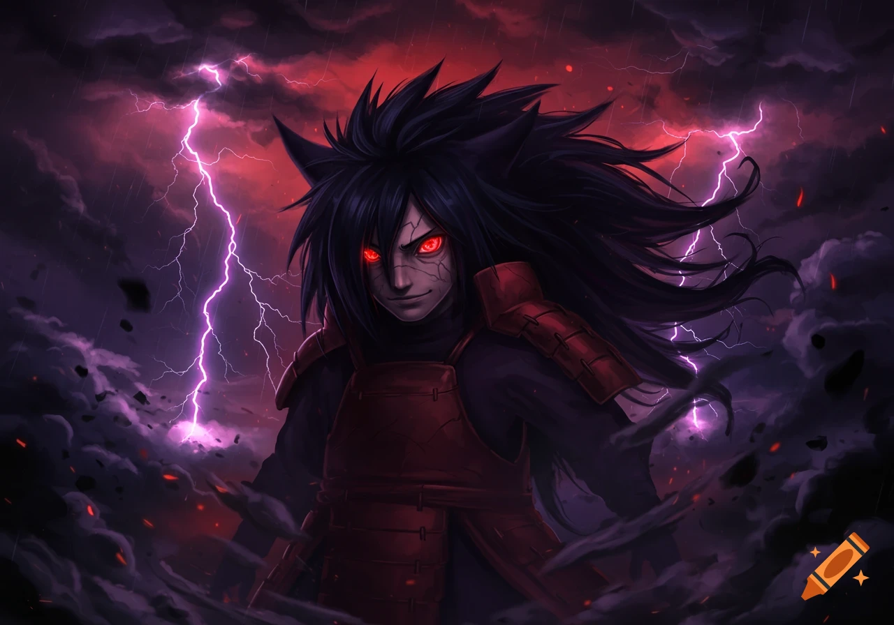 An anime character resembling Madara from Naruto with glowing red eyes, black spiky hair, and red armor, stands amidst purple lightning and dark storm clouds.