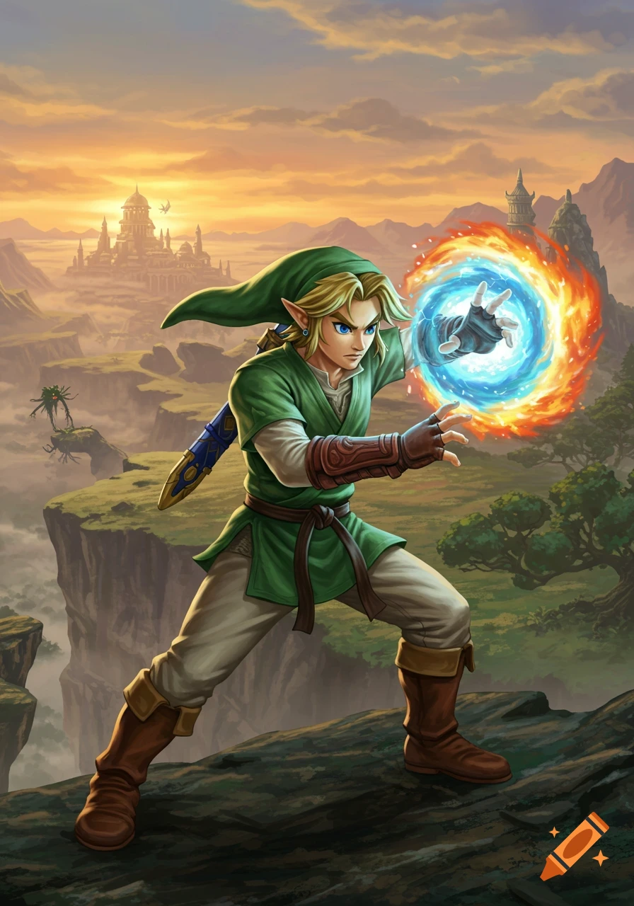 Link from Zelda casting a fiery blue and orange magic spell, standing on a cliff with a fantasy castle and mountains at sunset.