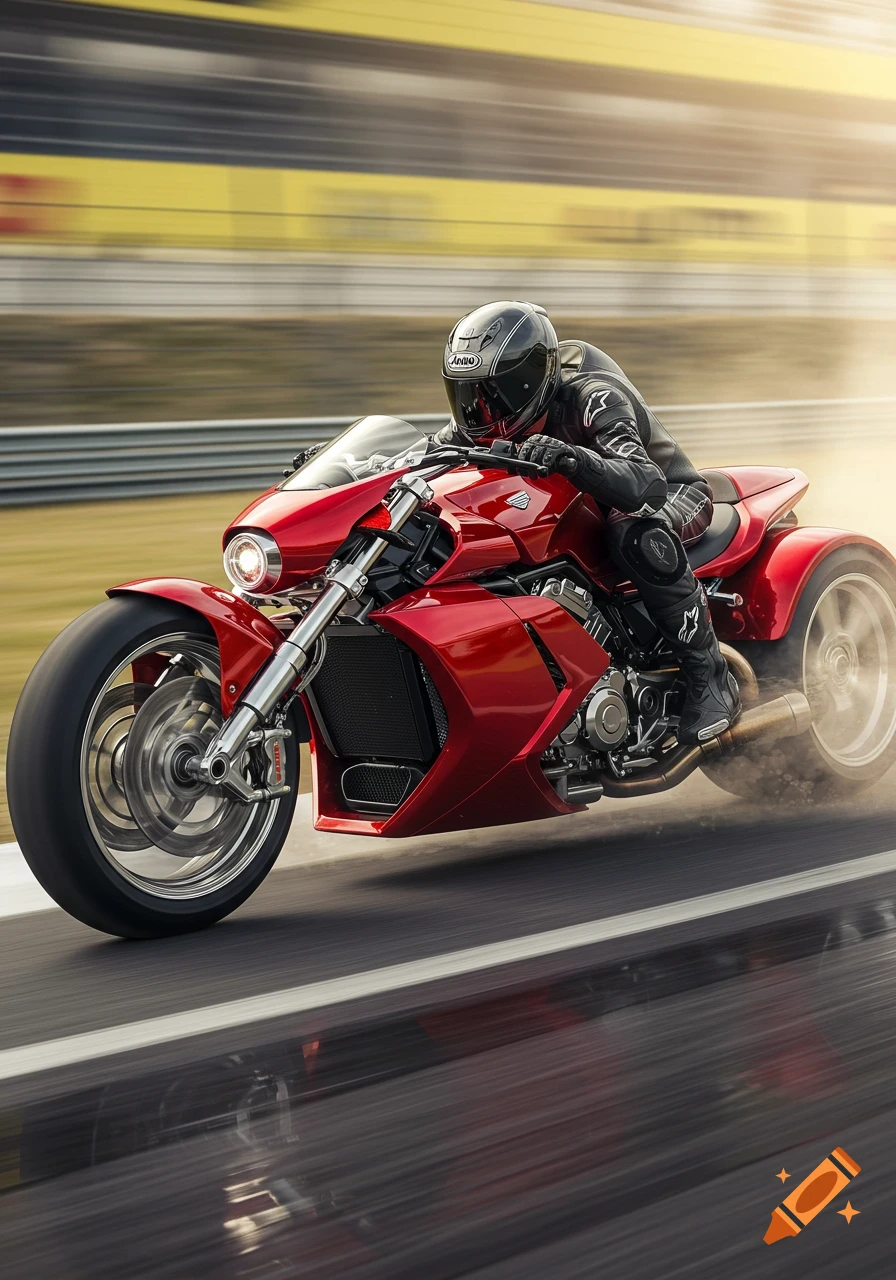 A rider in full racing gear speeds on a bright red three-wheeled motorcycle on a track, blurred by motion.