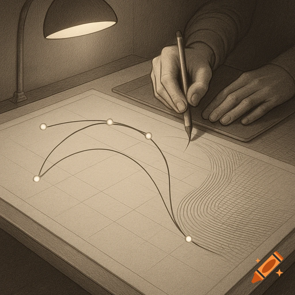 A sepia-toned illustration of hands drawing a Bezier curve and wavy lines on grid paper under a desk lamp.