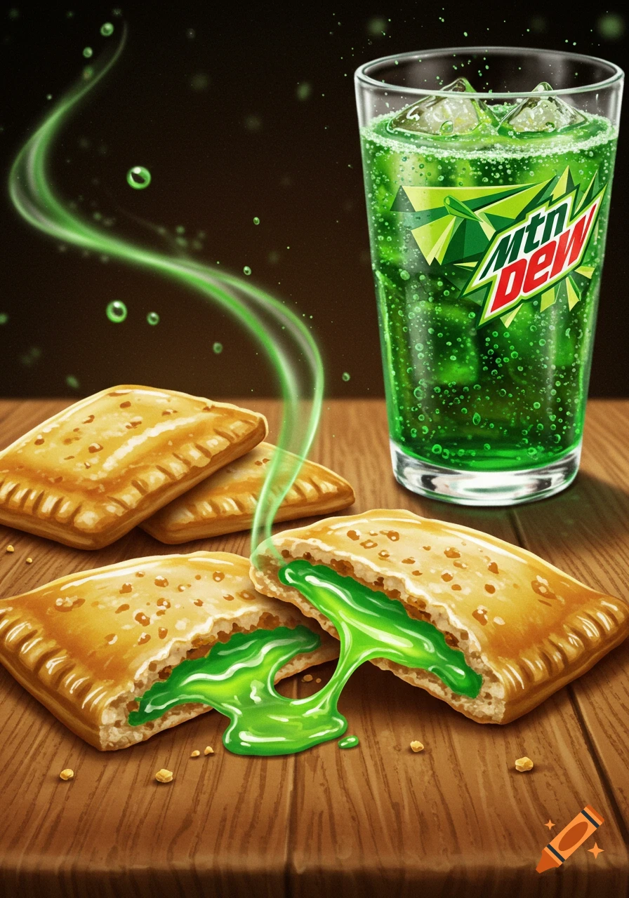 Mountain Dew flavored pop tarts with green filling oozing out, next to a glass of Mountain Dew soda with ice on a wooden table.