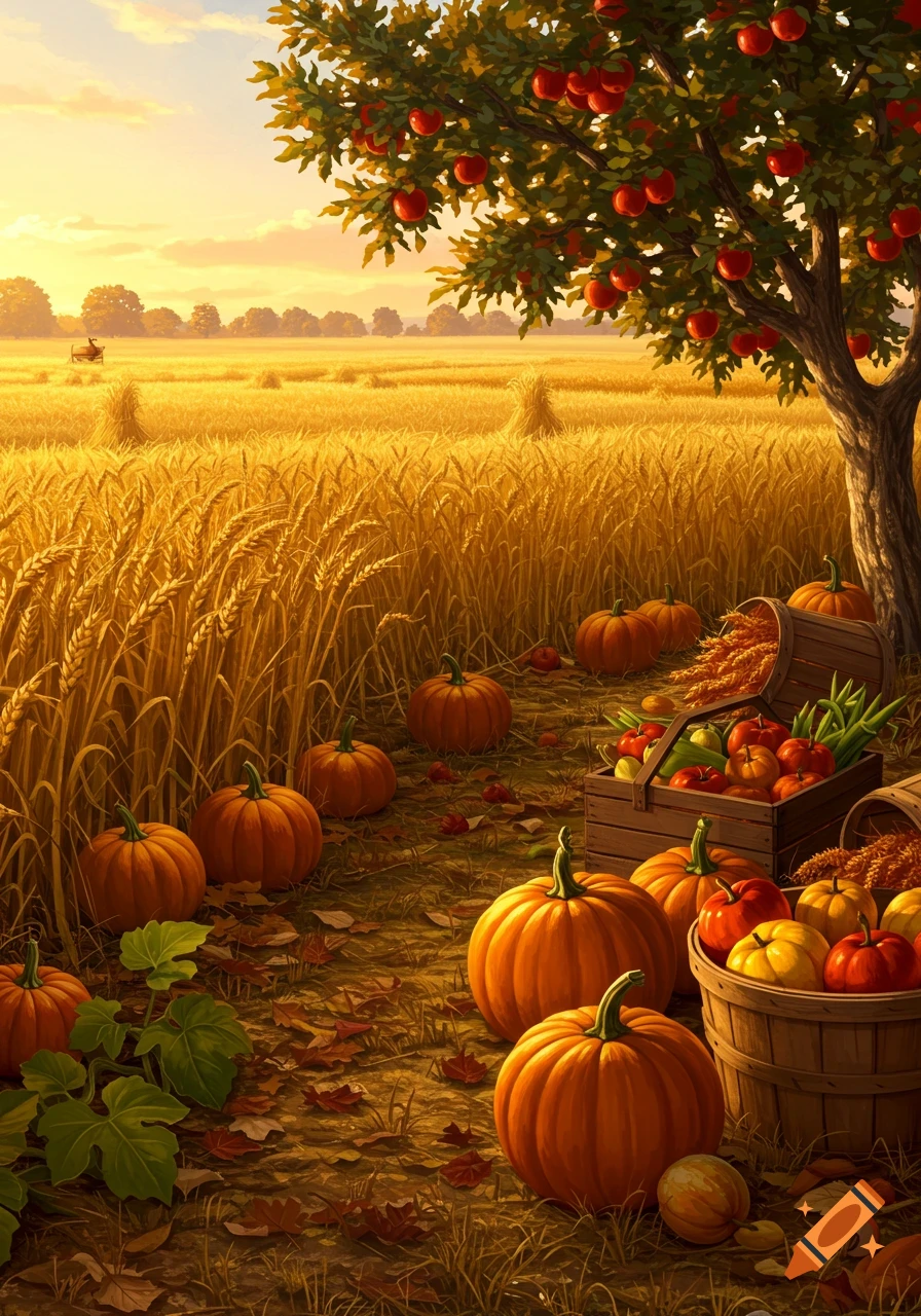 A vibrant autumn harvest scene with an apple tree, pumpkins, and baskets of produce beside a golden wheat field at sunset.