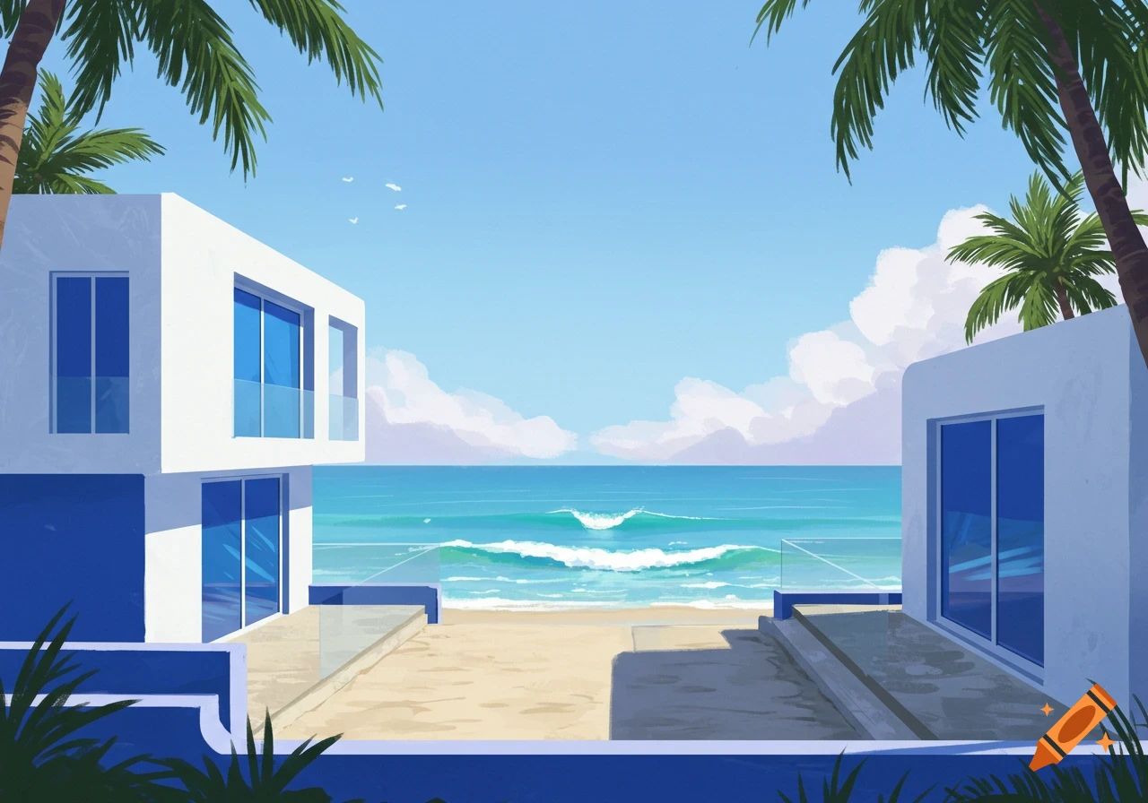 Stylized illustration of modern white and blue houses on a sandy beach with palm trees and ocean waves under a blue sky.