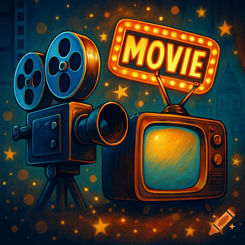 An illustrative scene with a vintage film camera, a retro television, and a lighted 'MOVIE' sign, surrounded by glowing stars.