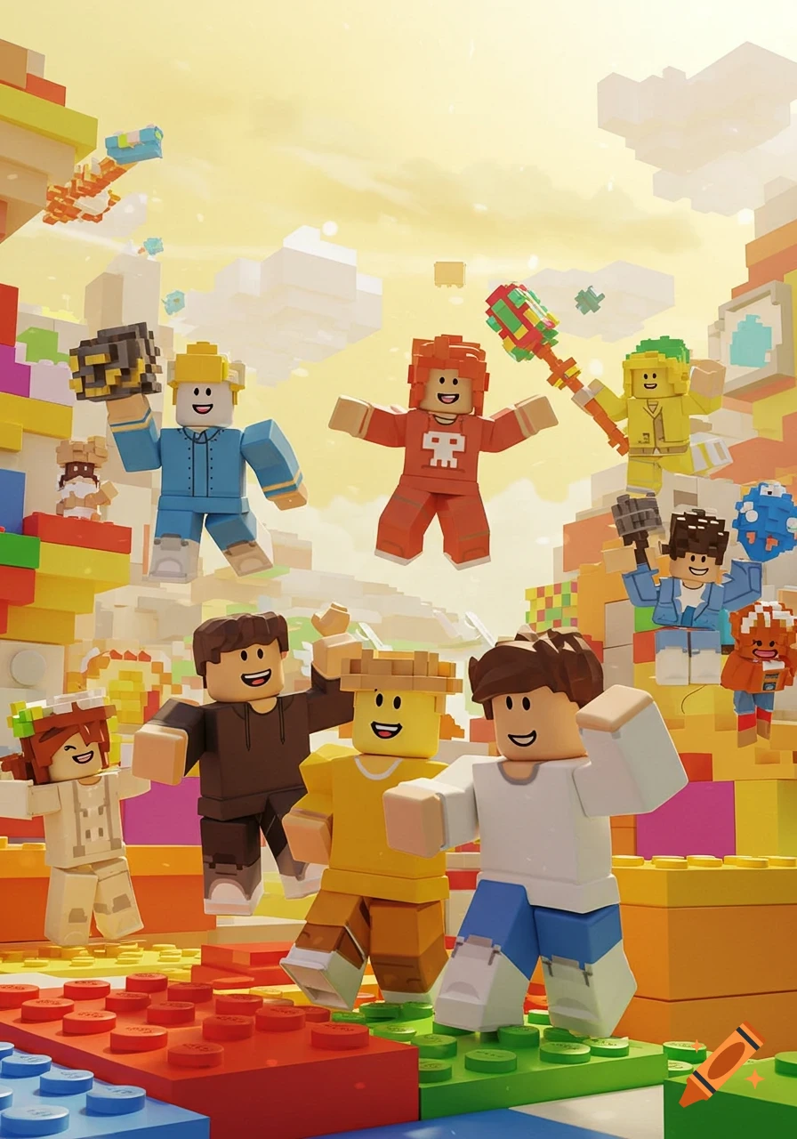 Smiling block-style characters in a vibrant, colorful world made of building blocks, resembling Roblox.