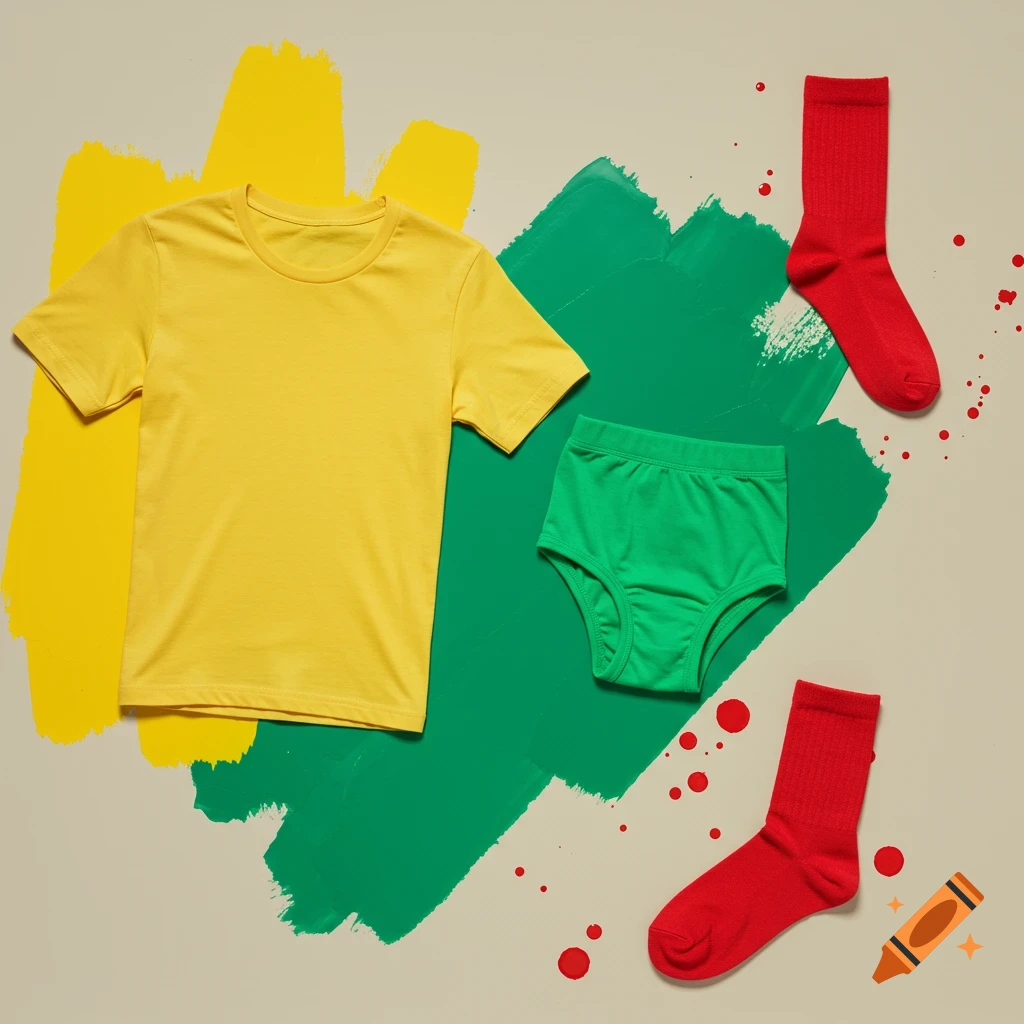 A yellow t-shirt, green briefs, and two red socks laid flat on a beige background with yellow and green paint strokes and red splatters.