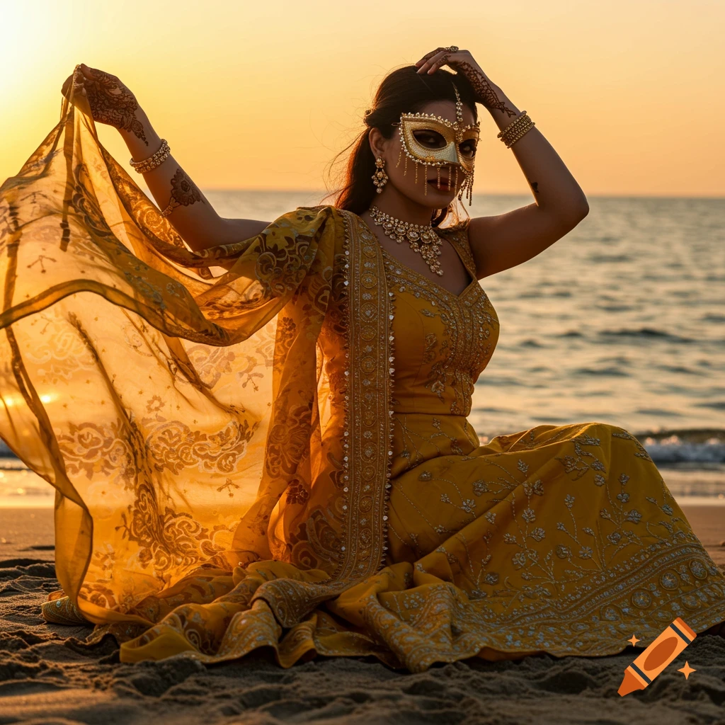 Photorealistic portrait of a woman in an embroidered yellow dress and a golden mask, sitting on a beach at sunset, holding a scarf.