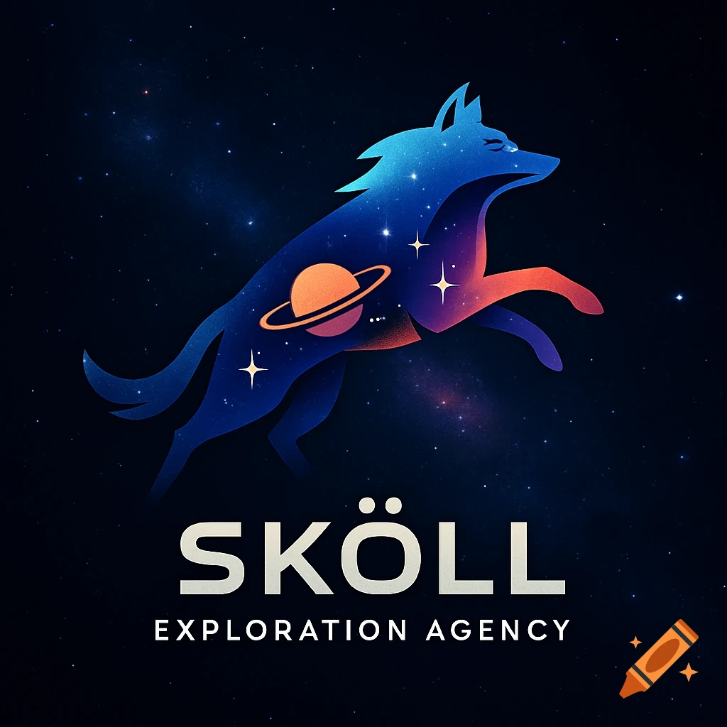 A stylized logo of a wolf filled with a cosmic scene, featuring a planet and stars, with the text "SKÖLL EXPLORATION AGENCY" below.