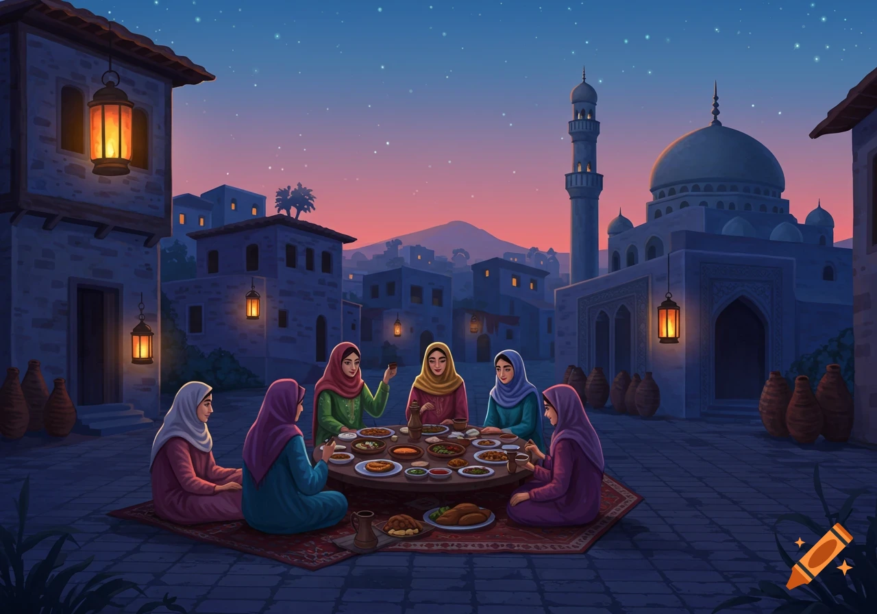 Illustrated scene: Five women in hijabs share a meal outdoors at night in a town with a mosque.