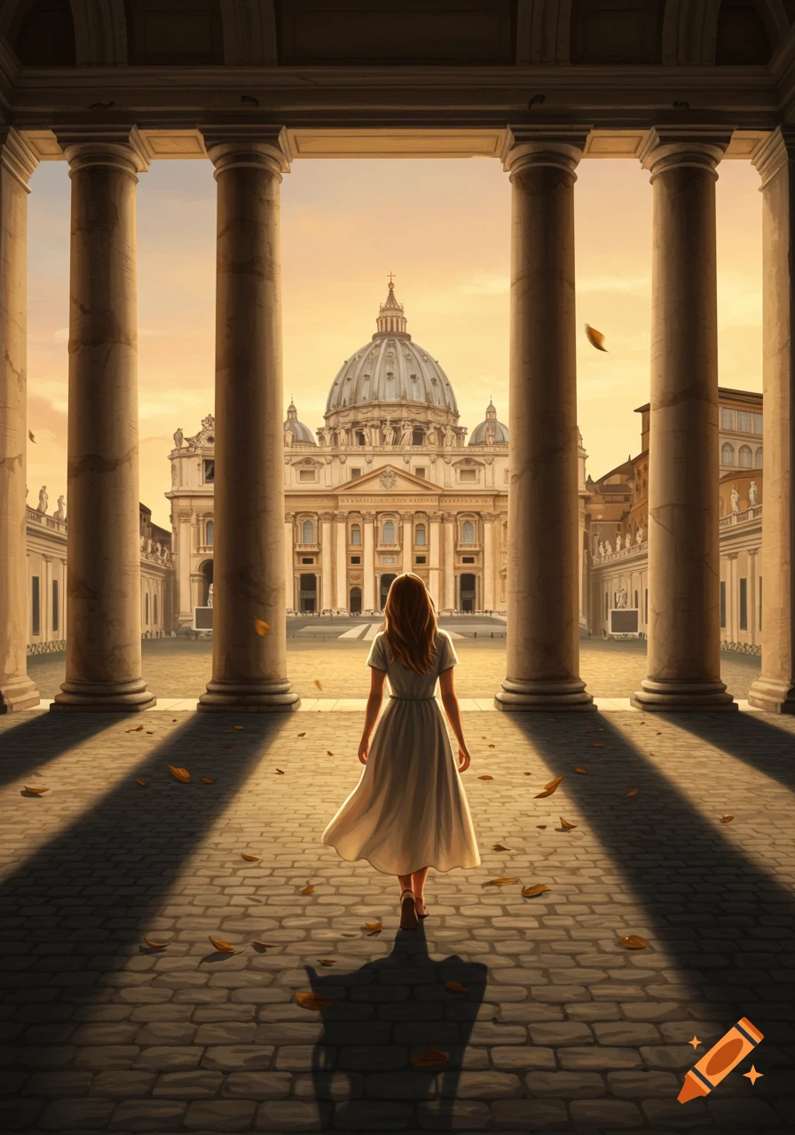A woman in a white dress walks through a colonnade towards a grand basilica at sunset.
