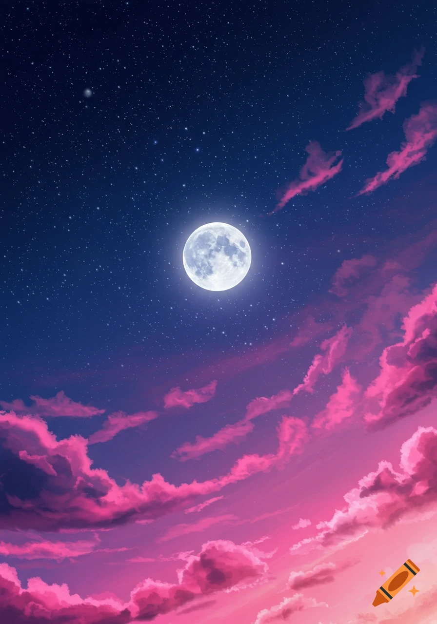 A full moon shines brightly in a dark blue, starry night sky with vibrant pink and purple clouds below.