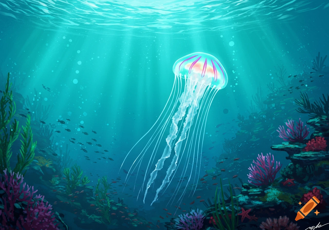 Vibrant illustration of a translucent jellyfish with a colorful bell swimming in a sunlit underwater coral reef with small fish.