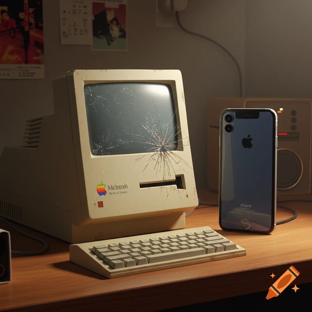 A broken vintage Apple Macintosh computer sits on a wooden desk next to a modern iPhone.
