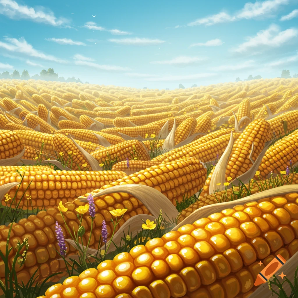A vast field covered with golden corn cobs and wildflowers under a bright blue sky.