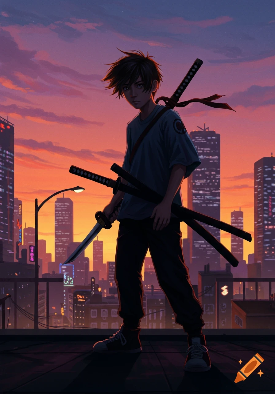 An anime young man stands on a rooftop at sunset, holding a katana with another on his back, overlooking a city skyline.