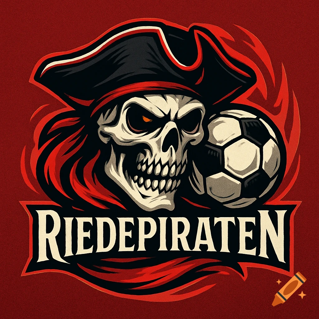 Red and white sports logo featuring an aggressive pirate skull, a soccer ball, and 'RIEDEPIRATEN' on a banner.