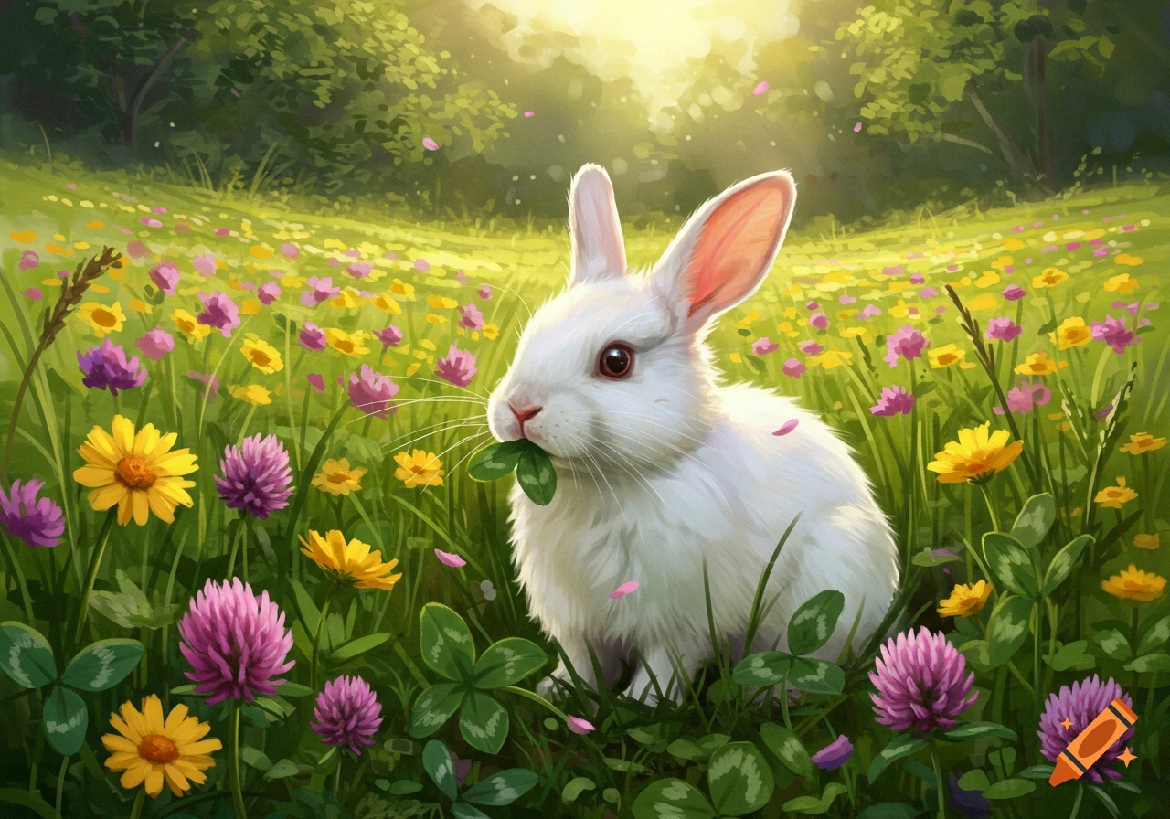 A white rabbit eats a clover leaf in a sunlit field filled with yellow and purple wildflowers.