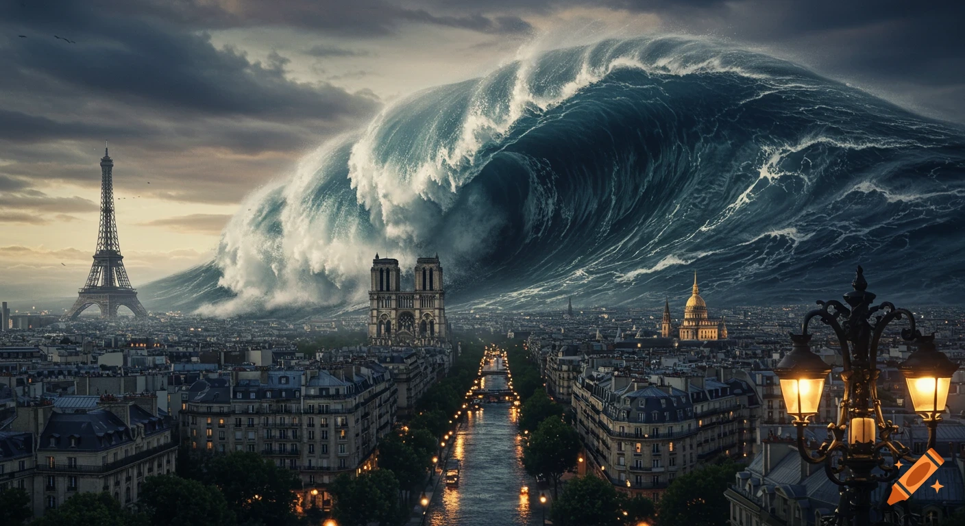 A massive tsunami engulfs the city of Paris, towering over the Eiffel Tower and Notre Dame Cathedral under a dark, stormy sky.