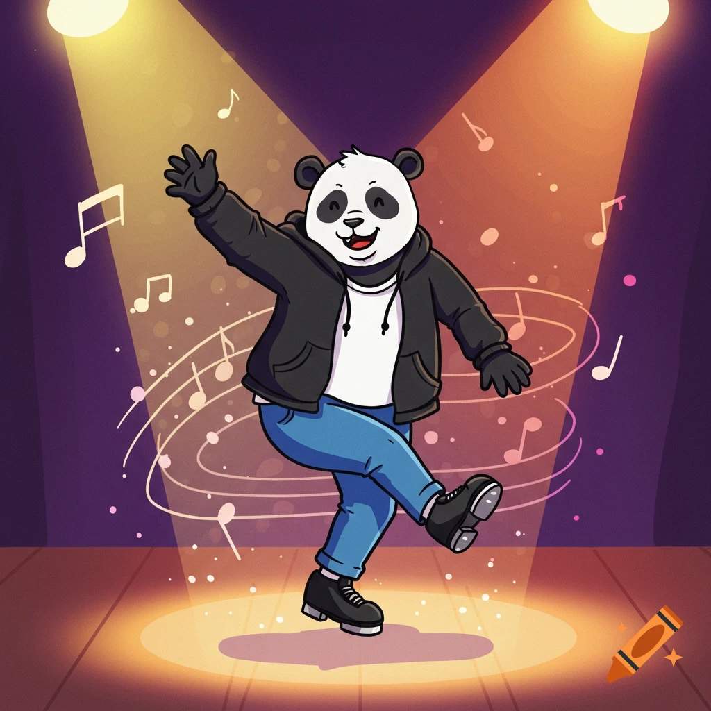 A friendly cartoon panda tap dancing on a stage under spotlights, surrounded by musical notes.