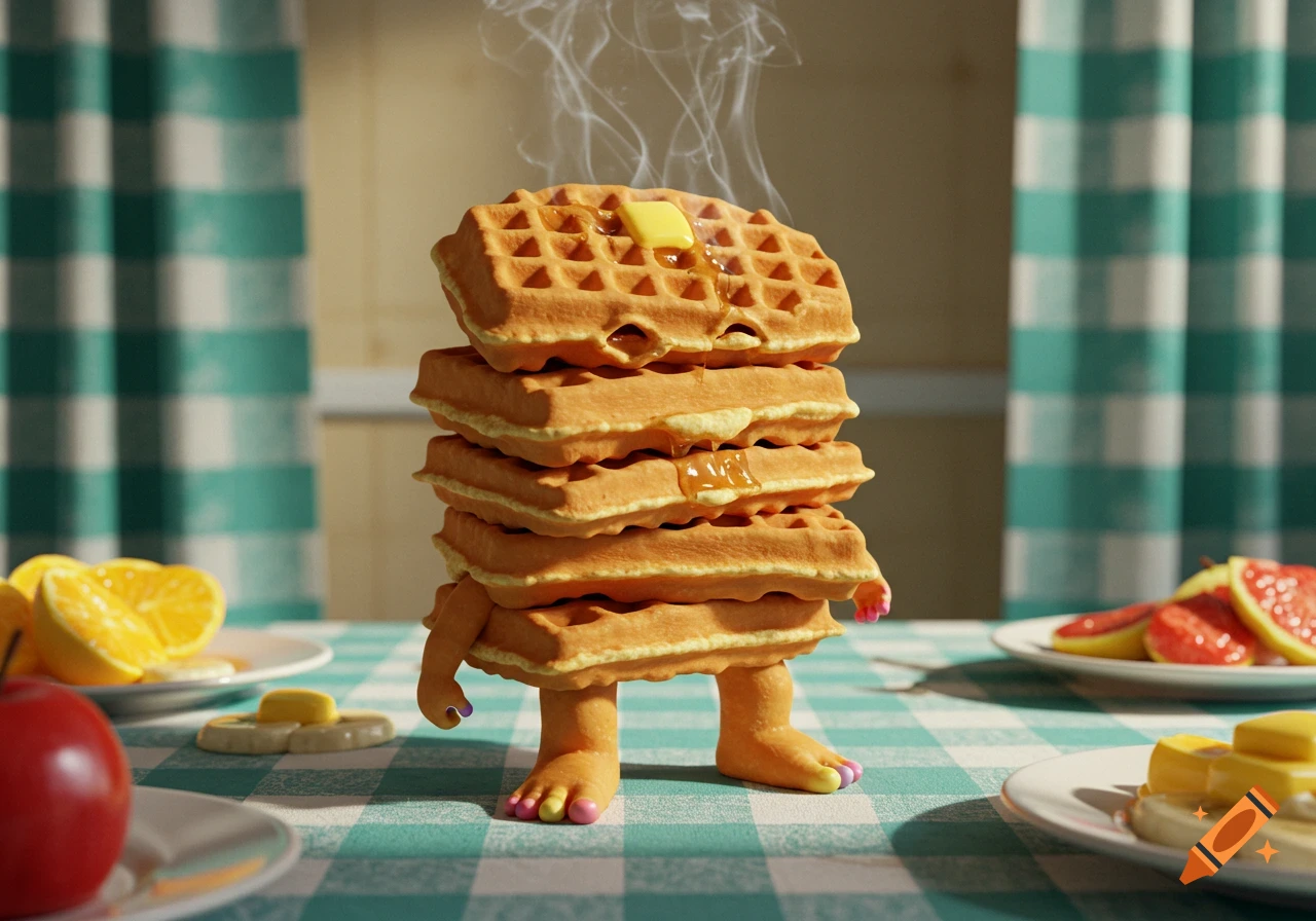 A stack of anthropomorphic waffles with butter, syrup, and steam, standing on a checkered table with fruit, photorealistic.
