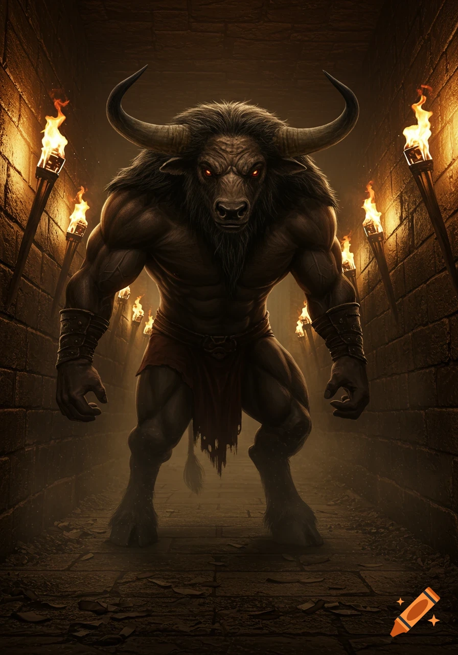 A photorealistic minotaur with glowing red eyes stands in a torch-lit stone dungeon.