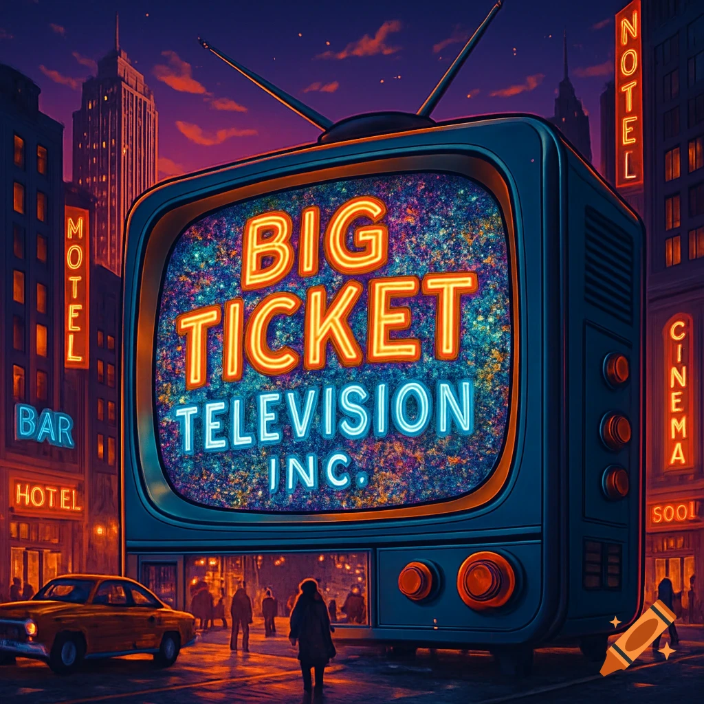 A giant retro TV with 'BIG TICKET TELEVISION INC.' text glows on a neon-lit city street at dusk, with a classic car and pedestrians.
