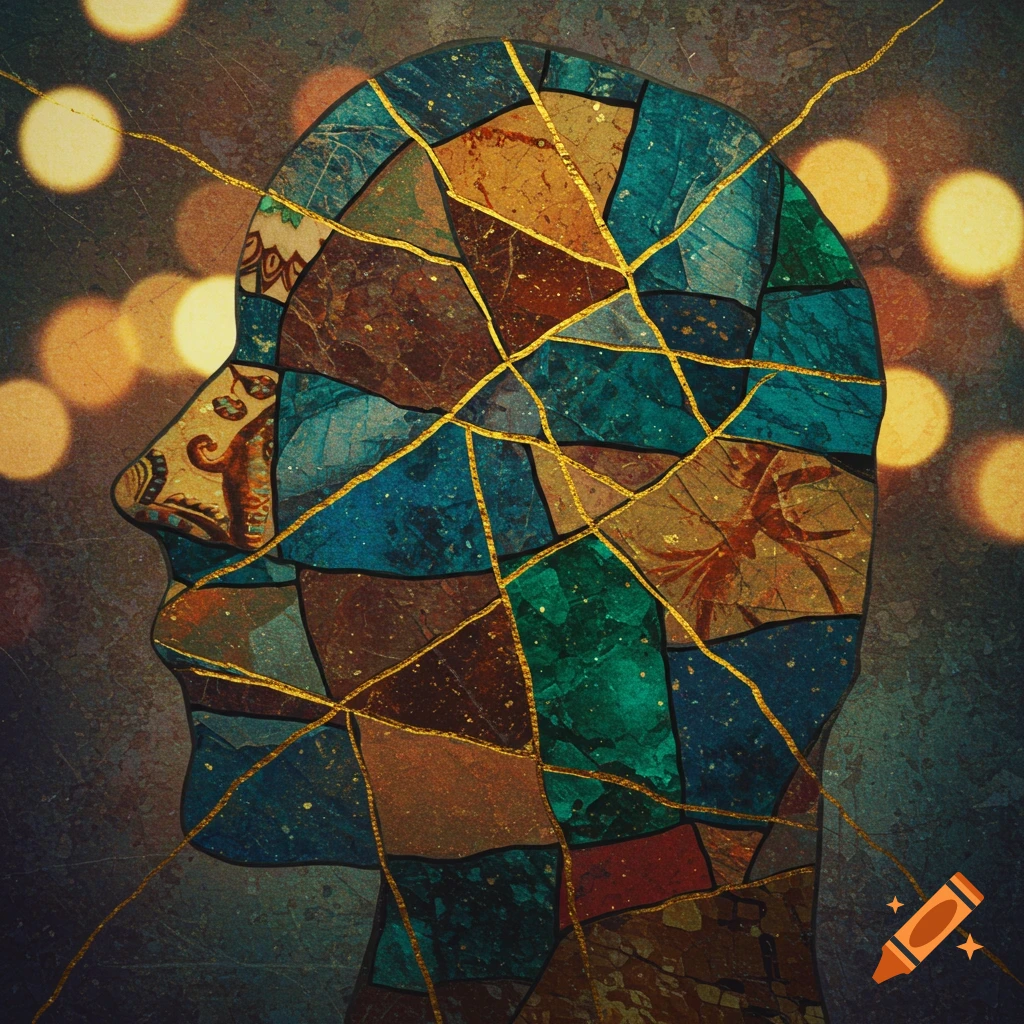 Abstract mosaic silhouette of a human head, pieced together with colorful patterns and golden lines, against a blurry bokeh background.