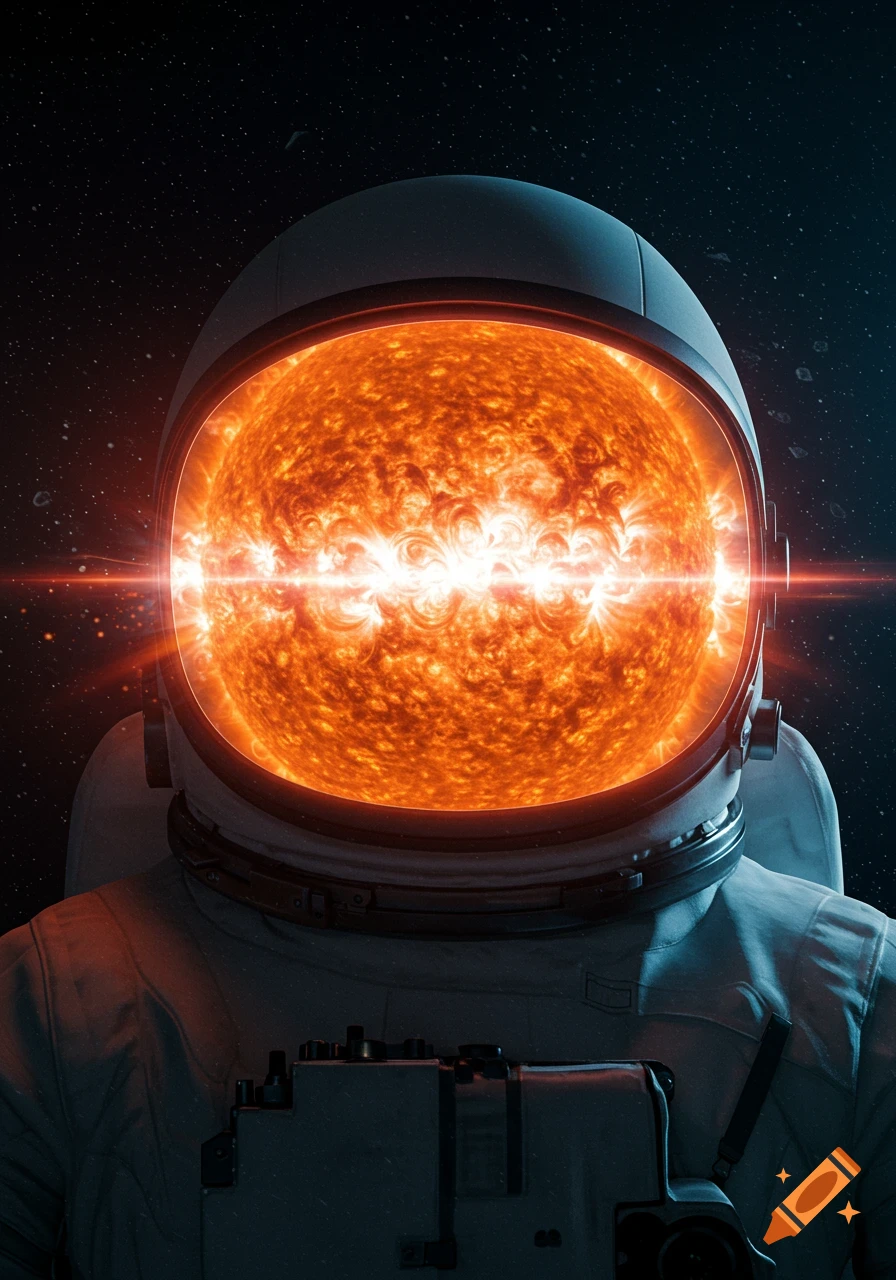 Hyperrealistic astronaut with a fiery, glowing sun visible inside their helmet, against a starry space background.