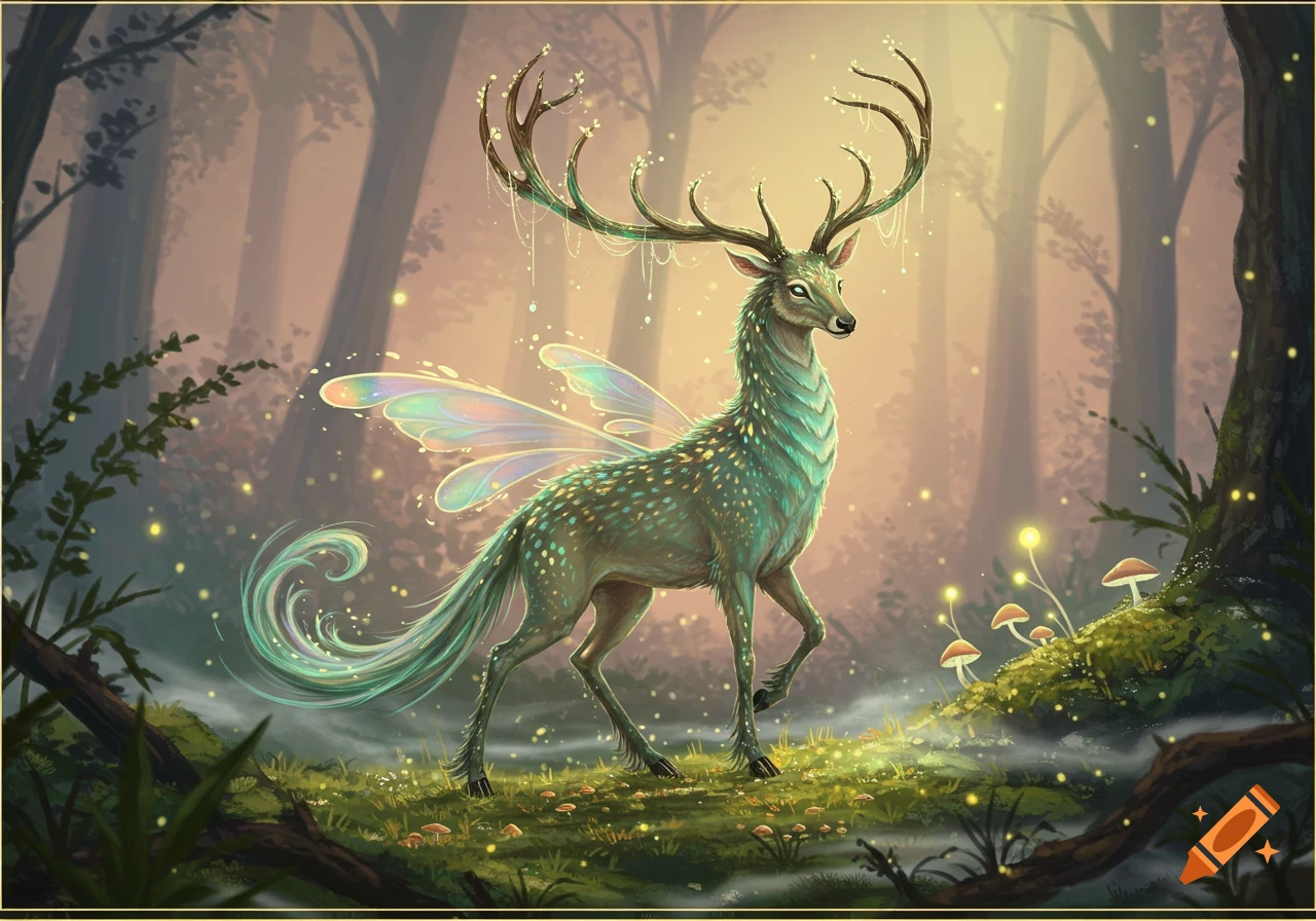 A majestic deer-like creature with glowing antlers and iridescent fairy wings stands in a magical, glowing forest.