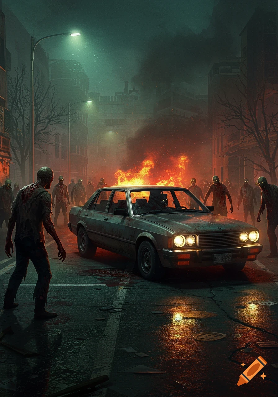 Zombies with glowing eyes surround a burning car on a dark, wet street in a post-apocalyptic city. Grunge horror style.