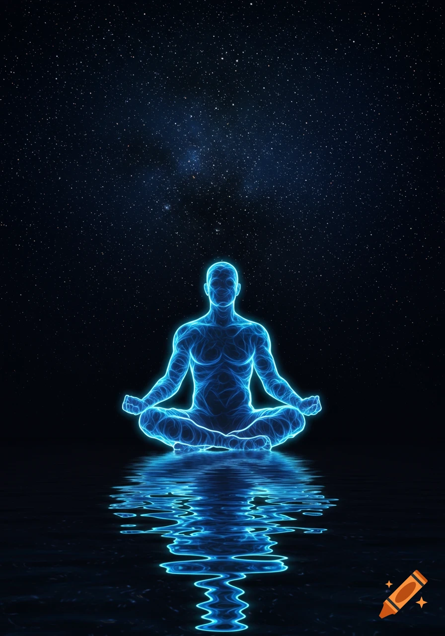 A glowing blue ethereal silhouette of a person meditating in a yoga pose on water, reflecting ripples, under a starry night sky.
