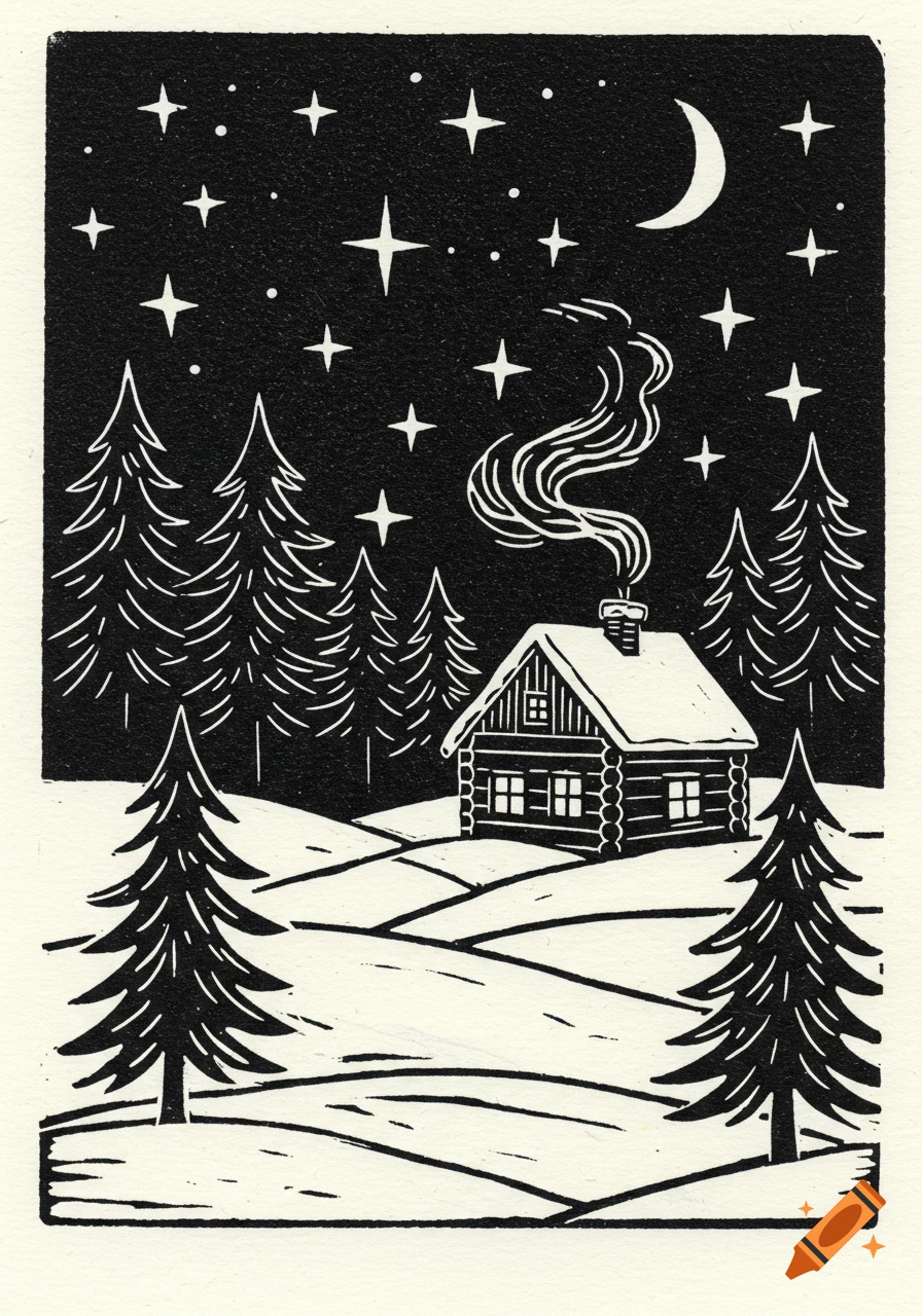 A black and white linocut of a snowy winter landscape with a cozy cabin, pine trees, stars, and a crescent moon.